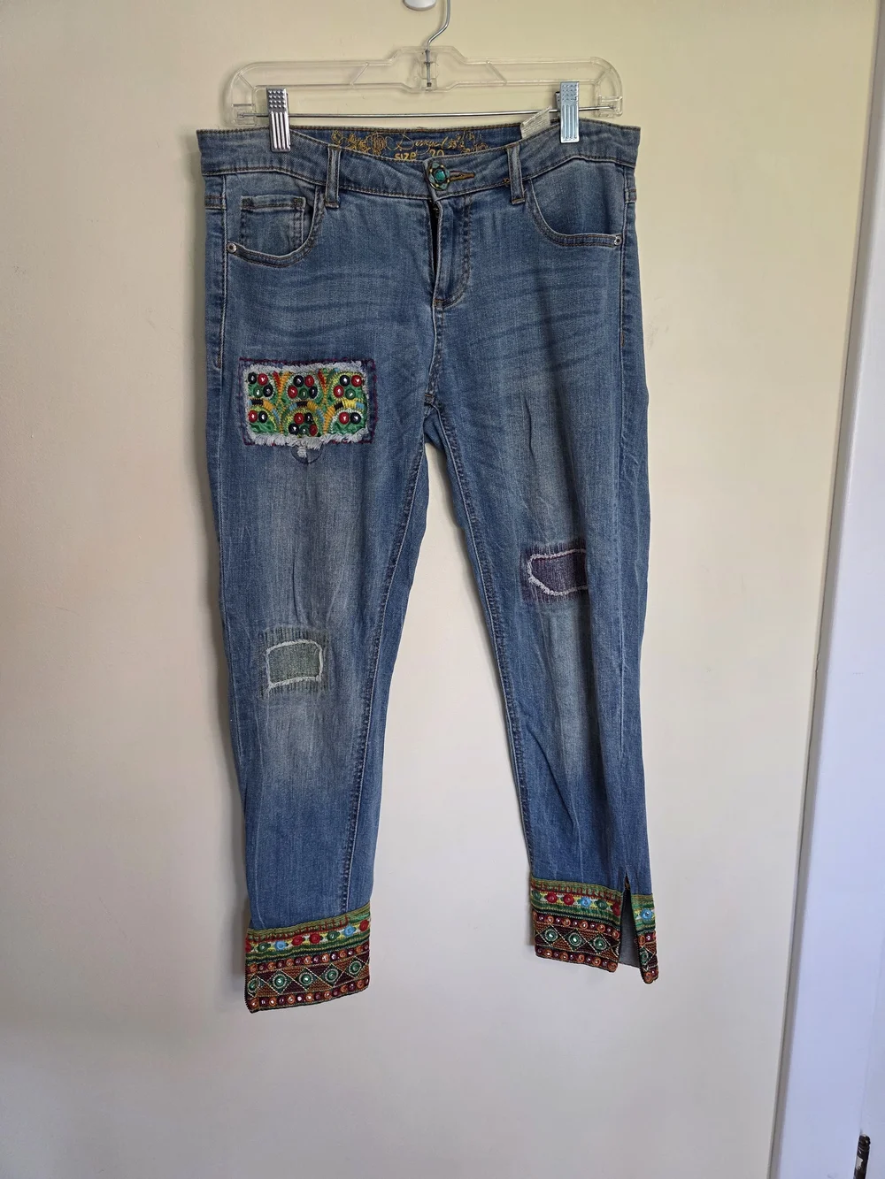 Desigual Light Blue Skinny Jeans with Colorful Embroidered Cuffs